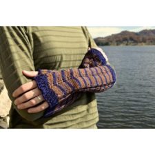 Mitered top fingerless mittens in a stripe pattern.