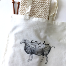 Project bag with line drawing of sheep, as if for a butcher but the cuts are for a cowl, scarf, etc.