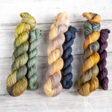 Warm, medium varigated skeins with semisolid contrasting mini skein.