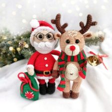 Santa has a bag of toys, and Rudolph is wearing a Christmas scarf.