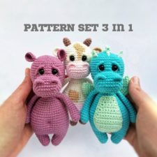 Crocheted cow, hippo and dragon