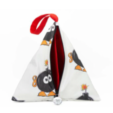 Zippered triangular bag with wind-up bomb toy print.
