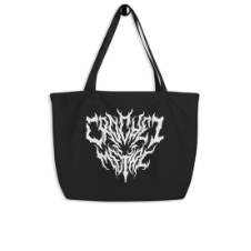 Large canvas tote with Crochet is Metal written in nearly unreadable “metal” script