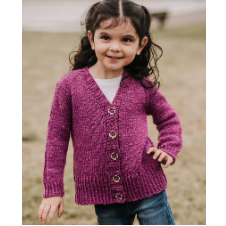 Child of about 4 wearing button-up cardigan with long sleeves, v-neck and moss stitch button band.