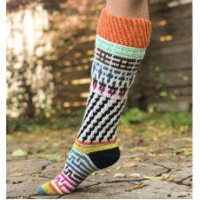 Mosaic toe up socks with geometric patterns, spiraling vertical stripes and a stretchy spiral cuff.