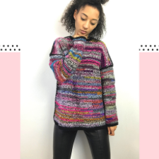 Scrappy crochet pullover with long sleeves, loose fit. pattern is horizontal stripes.