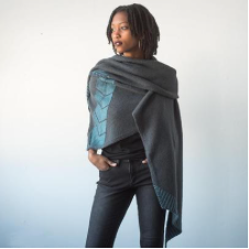 V shape shawl in two colors, with chevrons on the spine. The length makes for a dramatic silhouette.