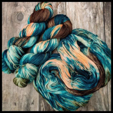 Variegated yarn in the colors of a backyard pond and goldfish.