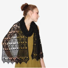 Delicate lace rectangular shawl with lots of openwork and a zigzag edge.
