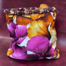 Bright floral drawstring bag with coordinating print on the inside.