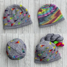 Four photos of hats made with a cool neutral and a rainbow skein. A few of the hats have a triangular scribble motif in the rainbow yarn.