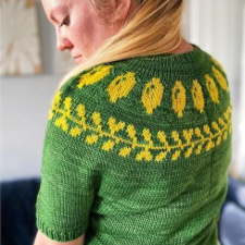 Colorwork sweater with row of whole lemons, then row of leaves around the yoke.