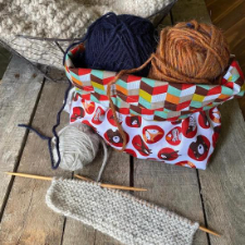 Project bag with cute forest animal print on the outside and colorful chevrons in the lining.