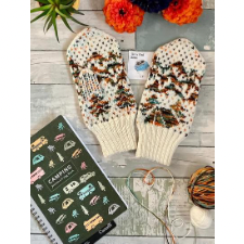 Colorwork mittens with mountains, pine trees and a tent.