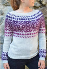 Seamless top down pullover with colorwork in gradient yarn at the yoke and cuffs.