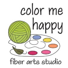Yarn ball and leaf to signify natural dyes as part of painting palette. Words say Color Me Happy Fiber Arts Studio.