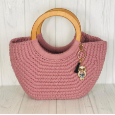 Crocheted tote made of three pie slice shapes, front and bag. Tote has large wood ring handles.