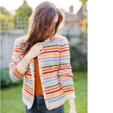 Striped long sleeve, button up cardigan in a granny square-style stitch.