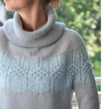 Lace and cable pattern on the yoke is meant to look like frost on windows.