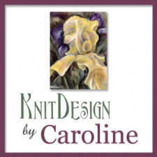 Painting of bearded iris and the words KnitDesign by Caroline