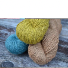 Woolen spun skeins in natural tan, a deep egg yolk yellow and contrasting aqua.