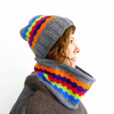 Beanie and matching cowl in stockinette with colorwork geometric bands in 5 shades.