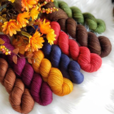 Seven semi-solid skeins in medium fall colors