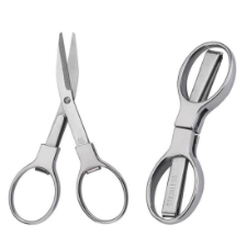Steel folding scissors, shown open and folded.