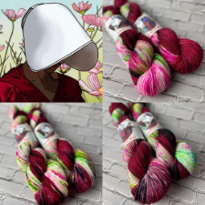 Illustration of Offred from The Handmaid’s Tale, along with three photographs of a deep red multicolor variegated yarn on different bases.