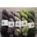 Five skeins from deepest purple to moss green.