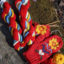 Bright solids twisted together, with a pair of traditional mittens in the colors.