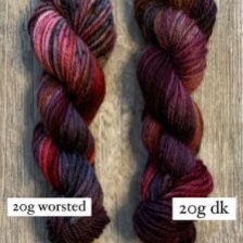 Deep wine-colored variegated minis in worsted and DK