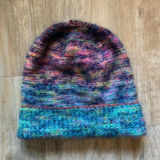 Garter stitch beanie with foldup ribbed brim.