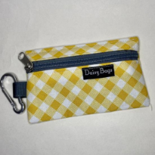 Zippered notions pouch in yellow gingham with carabiner.