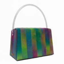 Foldover handbag in gradient wool fabric strips. Handle is plastic tubing.