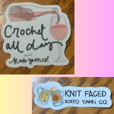 Crochet All Day sticker has yarn in a wine bottle being poured into a glass. Knit Faced sticker has two beer mugs toasting.