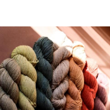 Seven skeins on a table with sunlight coming in through a window.