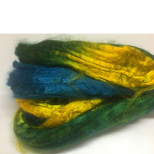 Variegated spinning fiber that passes from yellow to green to blue and back.