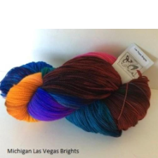 Bright, variegated skein in ultraviolet, maroon, teal and school bus yellow