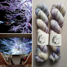 Photos of crystals from Star Trek and the lavender and white variegated yarn it inspired.