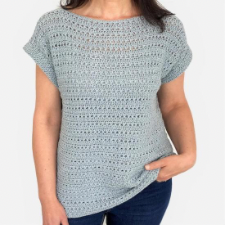 Bottom-up crochet tee in stripes of texture. sleeves drop over shoulders and have a banded hem added afterward. Boat neckline.