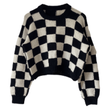 Oversized crewneck jumper consisting of stockinette and reverse stockinette stitches, made using intarsia.