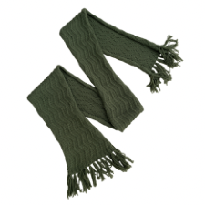 simple, zigzag cable knit scarf with fringe tassels attached to the bottom edges