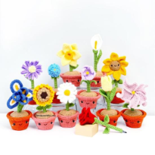 Twelve patterns for flower pots and pens covered to look like bright blooms.