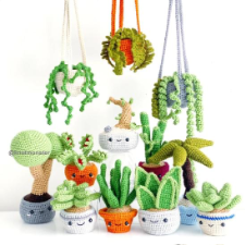 A dozen potted and hanging plant amigurumi.