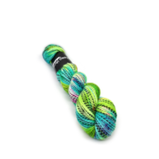 Zebra sock yarn in variegated bright greens and aqua.