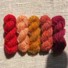 Five shades of aran single-ply, from gold to deep red.