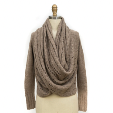 Pullover with very long collar that can be looped to form a draped front.