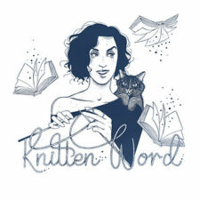 Drawing of a woman knitting while holding a black cat. Around her are open books flying through the air.