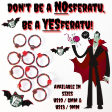Vampire cartoon with captured bead stitch markers in red and black twisted wires. Headline says, Don’t Be a NOsferatu. Be a YESferatu!